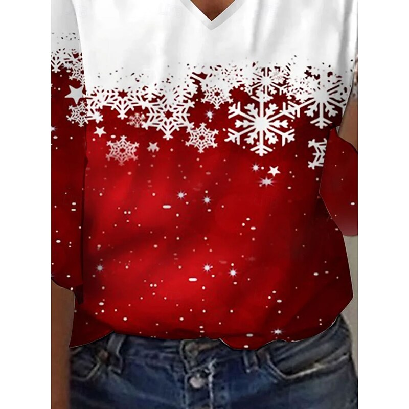 Christmas Women's T Shirt Graphic Snowflake Vintage Stylish Basic 3/4 Length Sleeve V Neck Regular Tops Daily Weekend Print Red Winter3