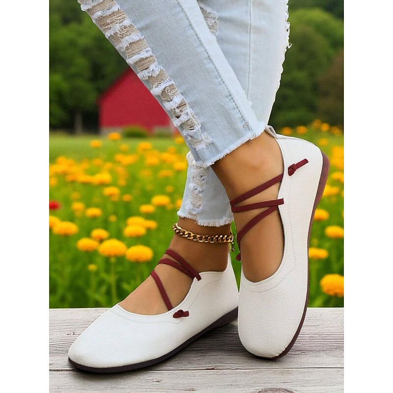 Women's White Ballet Flats with Red Crisscross Straps – Elegant Round-Toe Slip-On Shoes for Picnics, Garden Parties and Everyday Wear3