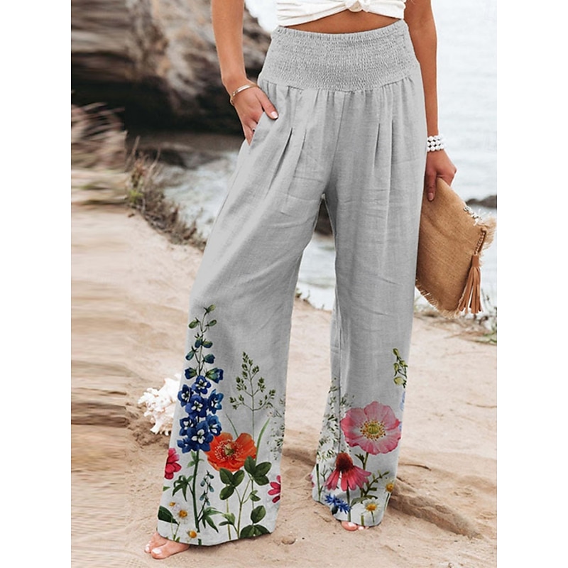 Women's Cotton Linen Pants Wide Leg Chinos Vacation Vintage Ethnic Style Full Length High Waist Floral Pocket Elastic Waist Printing Comfort Outdoor Stretchy Street Causal Daily Grey Red Blue Dark2