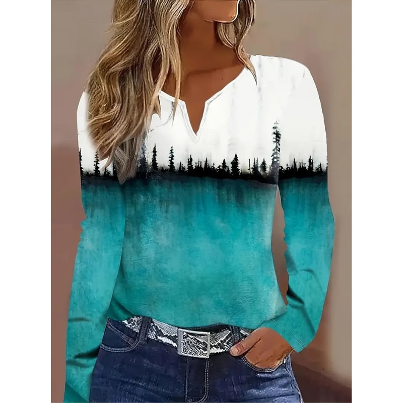 Women's T Shirt Graphic Geometric Vintage Stylish Classic Long Sleeve Notched Neck Regular Tops Daily Weekend Print Pink Blue Spring Fall