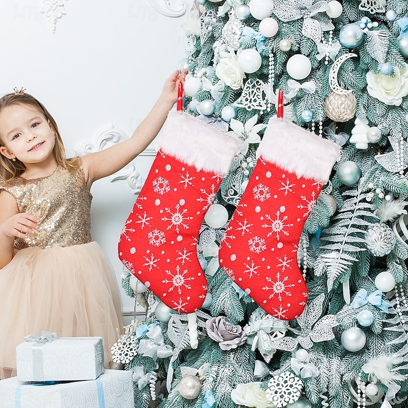 Christmas Stocking Embroidered Snowflake Design White Fur Trim Red Holiday Sock for Christmas Scene Decoration Home Fireplace Festive Party Seasonal Gift Bag Accessory