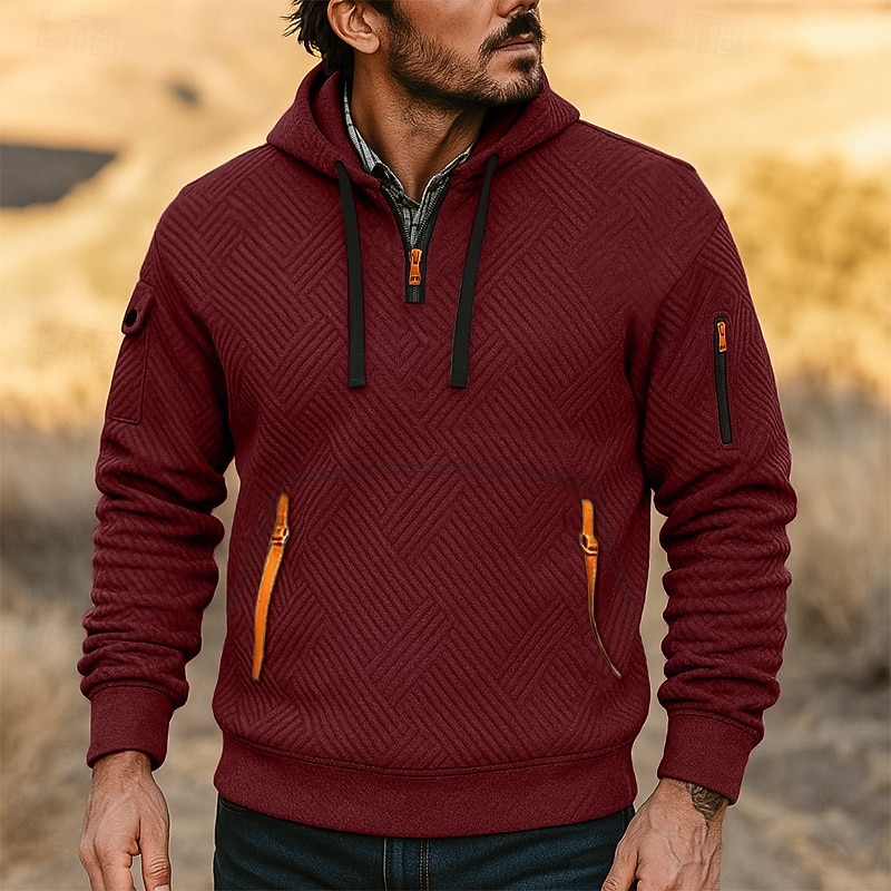 Men's Hoodie Quarter Zip Hoodie Fleece Hoodie Tactical Hoodie Black White Red Blue Khaki Hooded Plain Zipper Textured Sports & Outdoor Casual Daily Streetwear Cool Sportswear Spring &  Fall Clothing4