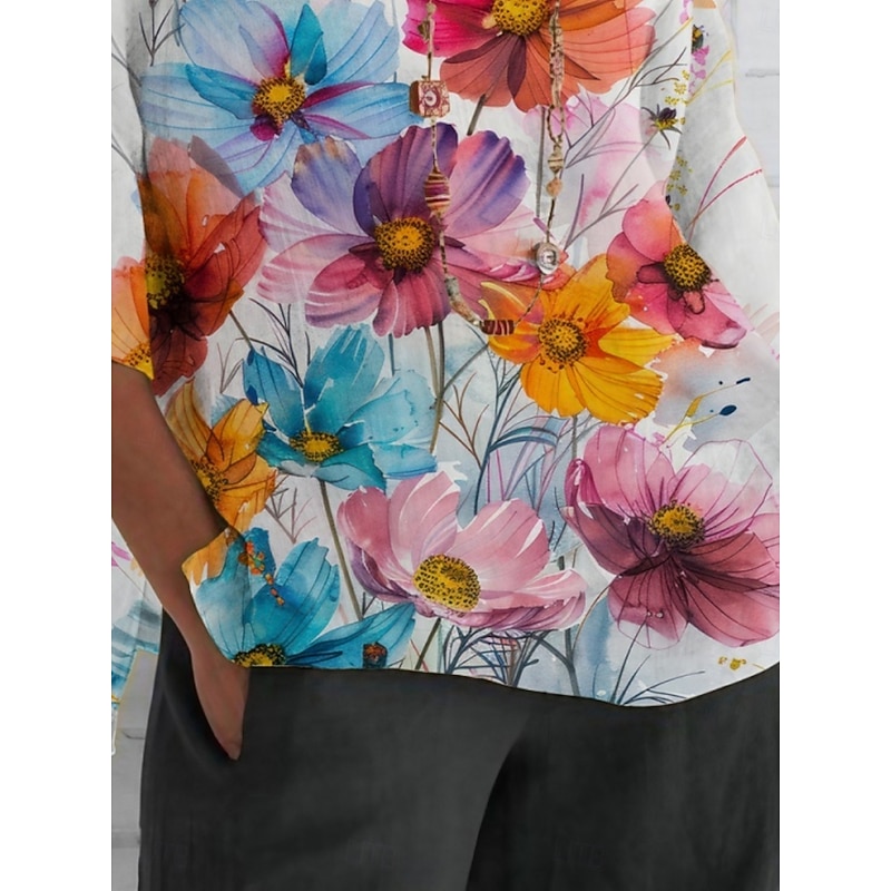Women's Shirt Floral Daily Casual 3/4 Length Sleeve Crew Neck Regular Tops Daily Holiday Print White Summer Spring Fall2