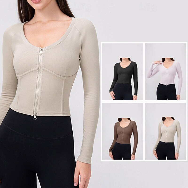 Women's Activewear Crew Neck Breathable Full Zip Long Sleeve Sports Solid Color Top For Gym Athletic Sports Activewear