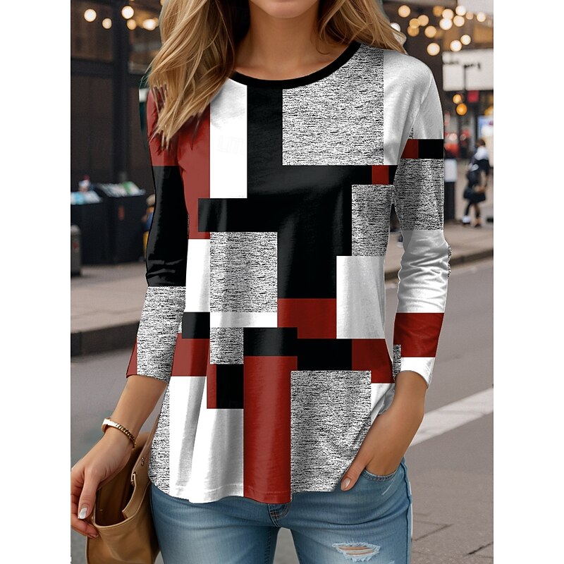 Women's T Shirt Graphic Color Block Vintage Fashion Casual Long Sleeve Crew Neck Regular Tops Daily Print Red Royal Blue Blue Purple Green Spring Fall4