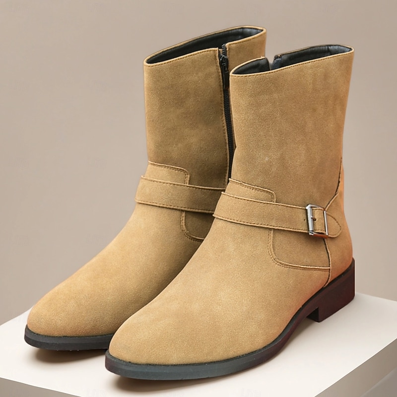 Men's Khaki Faux Suede Mid-Calf Boots with Side Buckle Straps, Retro Cowboy Style Boots for Casual Outfits and Party Occasions
