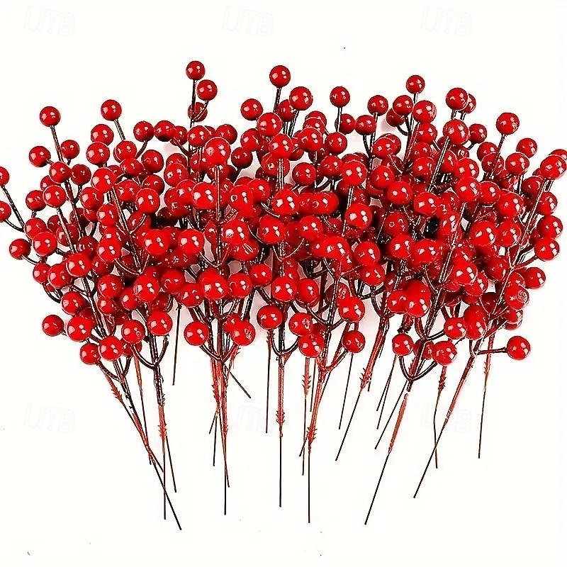 20pcs Christmas Red Berry Stems – 8.46-Inch Artificial Red Berries for Home Decor, Wedding, DIY Crafts, Lunar New Year and Holiday Floral Arrangements3