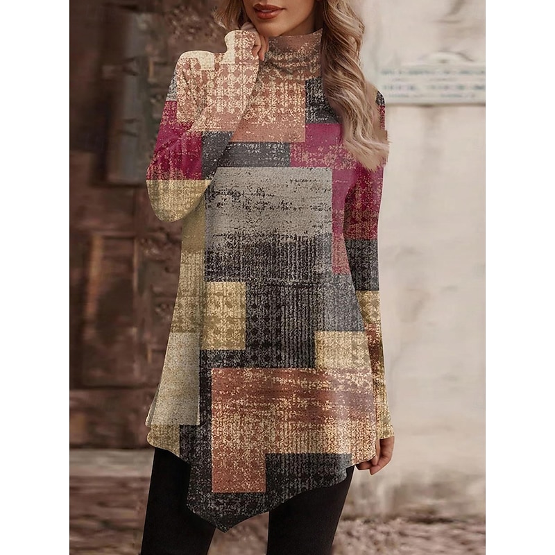 Women's T Shirt Graphic Geometric Stylish Casual Long Sleeve High Neck Regular Tops Daily Weekend Asymmetrical Yellow Light Brown Brown Khaki Spring Fall Winter