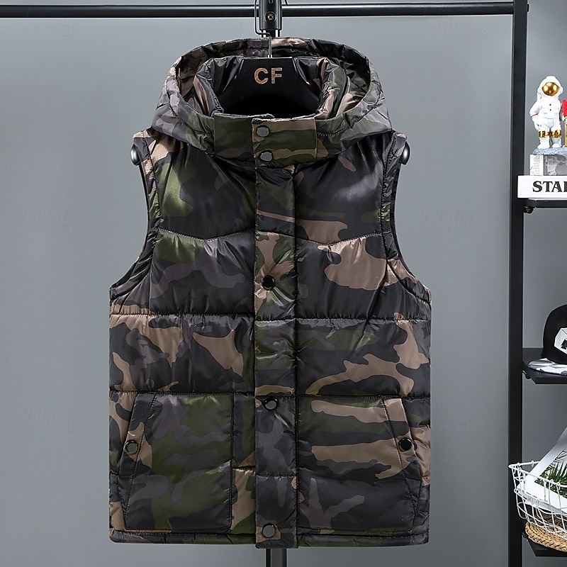 Men's Puffer Vest Vest Gilet Vacation Daily Date Fashion Casual Winter Pocket Polyester Warm Comfortable Camouflage Zipper Hooded Regular Fit Black Green Light Grey Vest