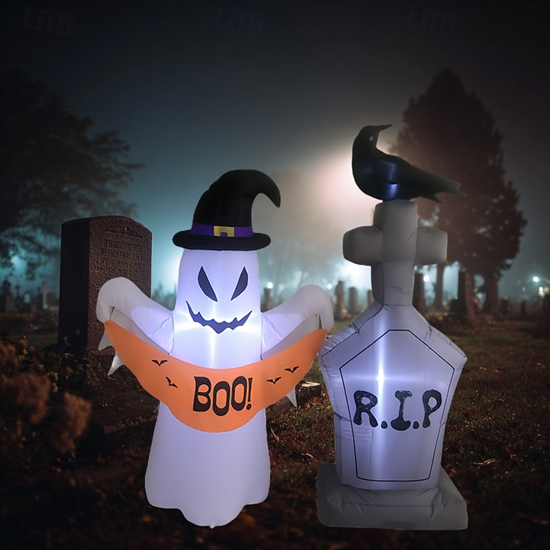1 Pc1.5m/5FT Halloween wearing wizard hat ghost and tombstone crow LED with light inflatable air model indoor and outdoor horror courtyard luminous ornament US/EU/UK/AU Plug