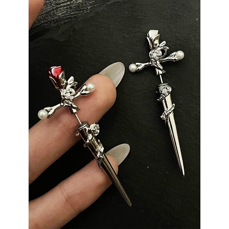 Women's Halloween Gothic Rose Dagger Earrings – Vintage Pearl and Crystal Drop Ear Jewelry for Costume Parties, Cosplay and Punk Fashion4