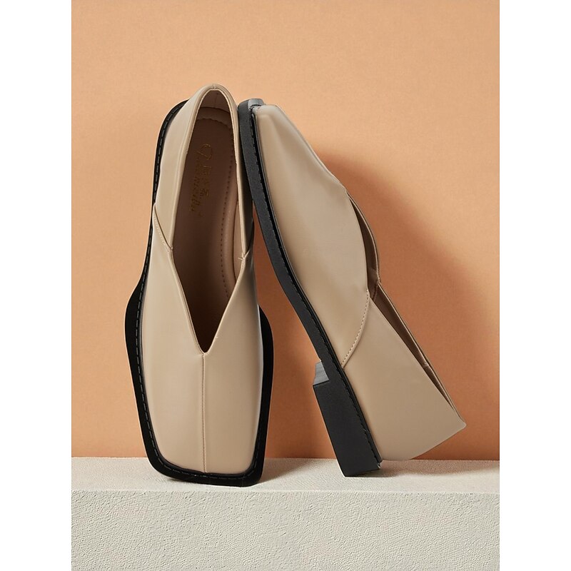 Women's Beige Square Toe Slip-On Loafers - Faux Leather Low Heel Comfort Shoes with V-Cut Vamp, Minimalist Modern Style for Casual Wear, Office Outfits and Autumn Fashion