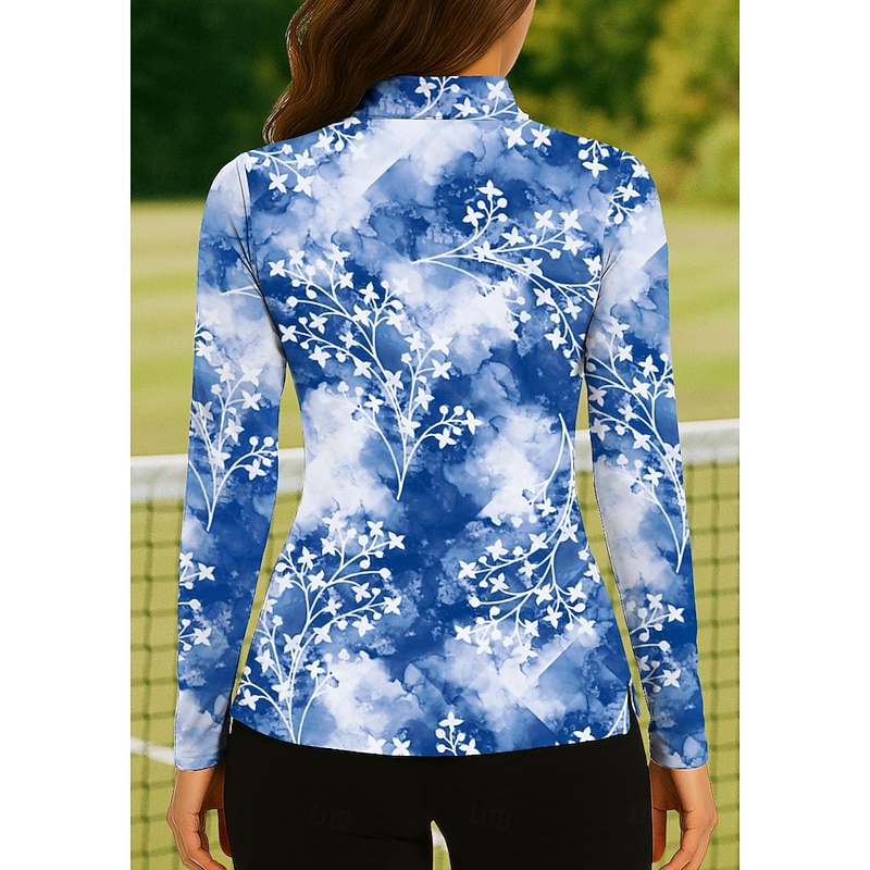 Women's Tie Dye Plants Tropical Floral Botanical Tops Golf Polo Shirt Tennis Shirt Tennis Tee Long Sleeve Print Quarter Zip Pullover UPF50+ UV Protection Elastic Breathable Tennis Golf Pickleball Zip2