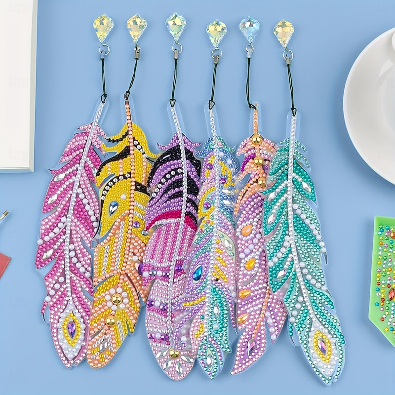 6 Pcs Whimsical Feather Bookmarks - Unique Irregular Diamond Painting Designs, DIY Animal-Themed Craft Kit with Easy-to-Follow Instructions, Perfect for Book Lovers and Craft Enthusiasts