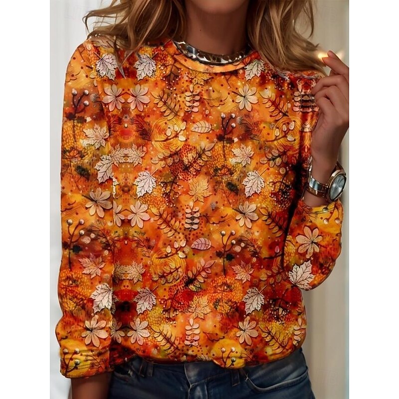 Women's T Shirt Floral Elegant Vintage Fashion Long Sleeve Crew Neck Regular Tops Daily Going out Weekend Print Blue Orange Summer Spring4