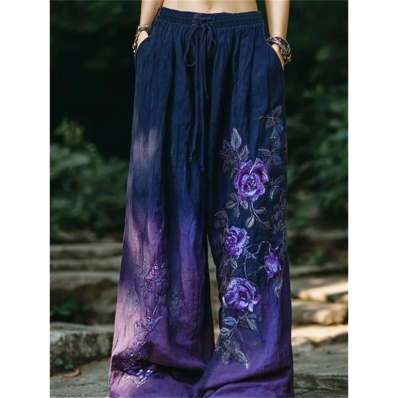 Women's Wide Leg Pants Trousers Palazzo Pants Fashion Full Length High Waist Flower Drawstring Pocket Elastic Waist Breathability Comfortable Street Daily Wear Going out Violet Spring Fall Regular Fit