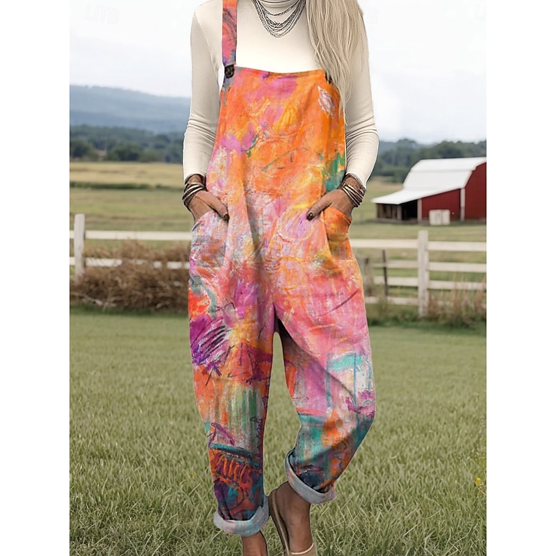 Women's Overall Active Floral Sleeveless Round Neck Pocket Print Vacation Daily Loose Fit Yellow Blue Orange Spring4