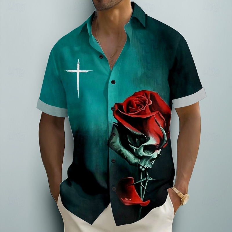 Men's Day of the Dead Rose Shirt Summer Shirt Button Up Shirt Short Sleeve Dark Punk Gothic Style Holiday Summer Turndown 3D Print Linen Like Shirt Green