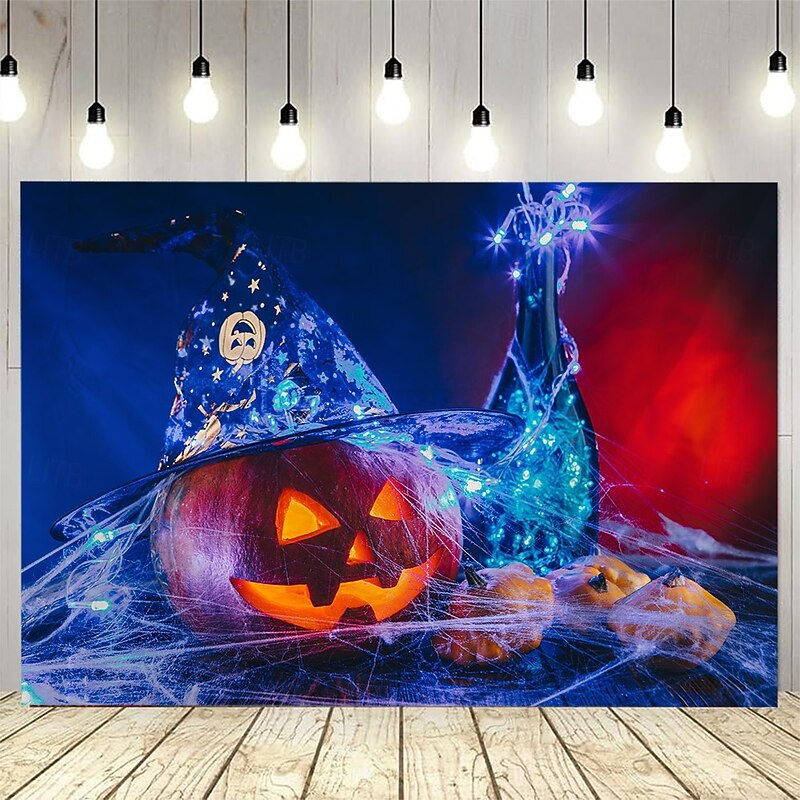 Halloween Photo Backdrop, Large Hanging Tapestry with Night Pumpkin Lantern Pattern, Wall Mural Art for Party Decoration, Photography Background, Bedroom and Living Room Decor4