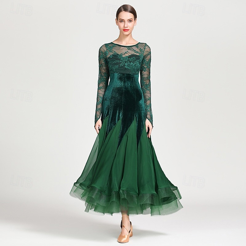 Ballroom Dance Dress Appliques Split Joint Women's Training Performance Long Sleeve Natural Chiffon Lace Velvet