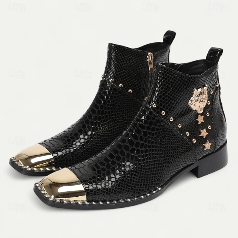 Men's Black Crocodile Print Boots with Gold Toe Cap – Rock Punk Faux Leather Ankle Shoes for Parties, Performances and Nightlife2