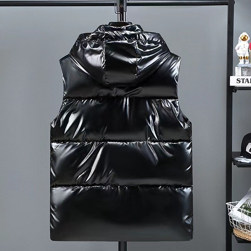 Men's Puffer Vest Vest Gilet Vacation Daily Date Fashion Casual Fall & Winter Pocket Polyester Warm Comfortable Solid Color Zipper Hooded Regular Fit Silver Black Vest3