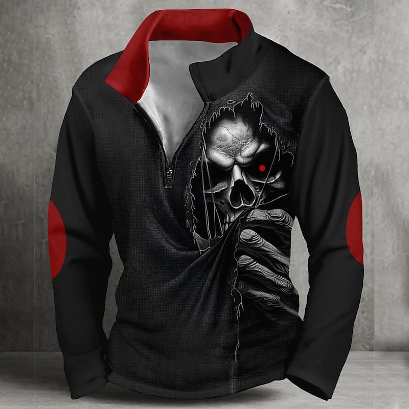 Halloween Men's Skull Blood Splatter Blood stains Sweatshirt Punk Gothic Long Sleeve High Neck Party Club Black Zipper Quarter Zip Fall Winter Designer