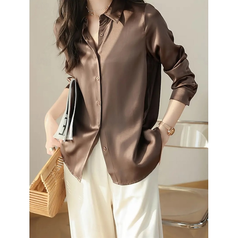 Women's Shirt Work Shirt Solid Color Graphic Elegant Stylish Casual Long Sleeve Shirt Collar Regular Tops Work Party Evening Wear Daily Glitter Pink Wine Navy Blue Camel Green Spring, Fall, Winter3