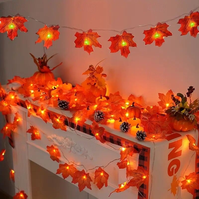 10/20/40 LED Maple Leaf Pumpkin String Lights Battery Powered Autumn Theme Decoration for Halloween Christmas Thanksgiving Holiday Home Courtyard Decoration4