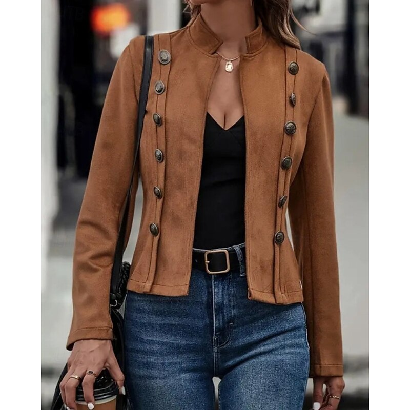 Women's Casual Jacket Comfortable Buttons Active Casual Plain Outdoor Street Holiday Daily Wear Double Breasted Regular Stand Collar Regular Fit Long Sleeve Outerwear Black Brown Fall2