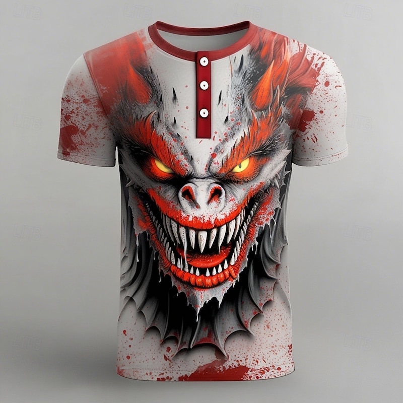 Men's Halloween Dragon Blood stains T Shirt Henley Shirt Short Sleeve Designer Retro Vintage Trendy Street Casual Daily Summer Spring All Seasons Red Henley Henley T-Shirt