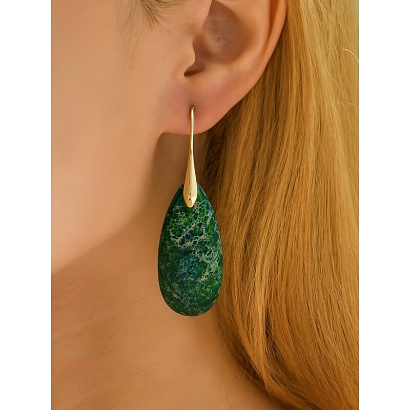 Women's Natural Stone Drop Earrings – Elegant Alloy Hook Teardrop Dangle Jewelry for Ladies, Bohemian Style Accessories for Parties, Weddings and Everyday Wear