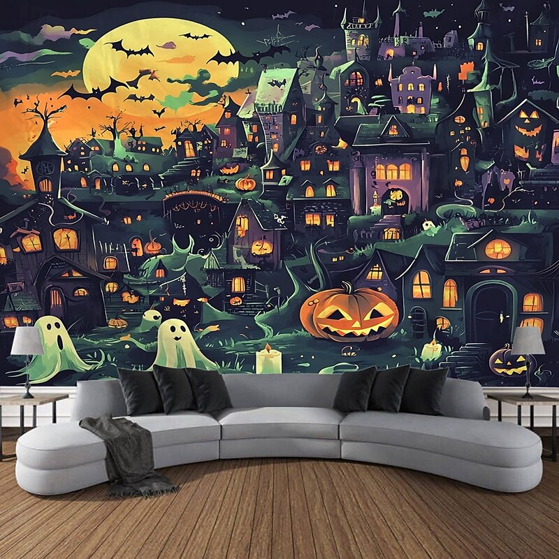 Halloween Photo Backdrop Tapestry, Pumpkin Ghost and Skull Pattern Wall Hanging, Large Decorative Mural for Bedroom, Living Room, Party, and Home Decoration2