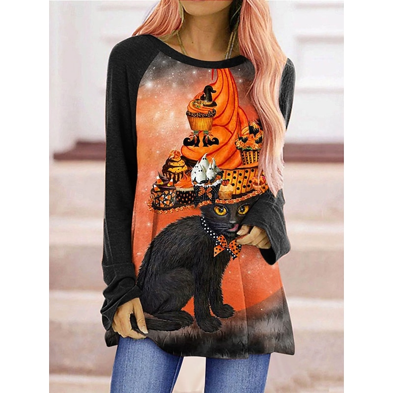 Halloween Women's T shirt Witch Graphic Animal Pumpkin Vintage Stylish Classic Long Sleeve Crew Neck Round Neck Long Tops Daily Print Black Yellow Blue Orange Spring Fall3