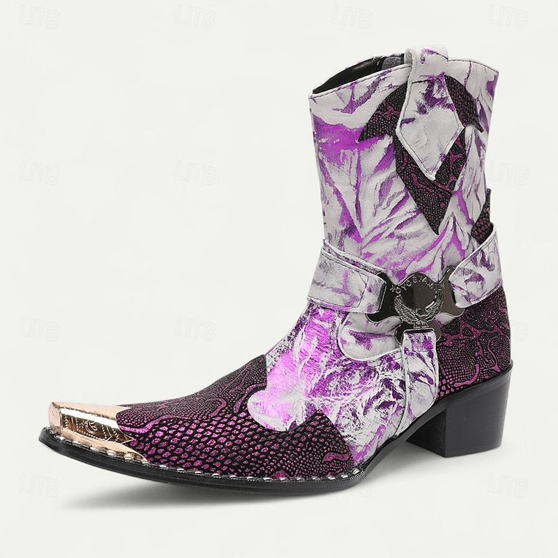 Men's Purple Floral Pointed Toe Ankle Boots – Leather Western Style Party Shoes for Nightlife, Stage Performance and Festivals2