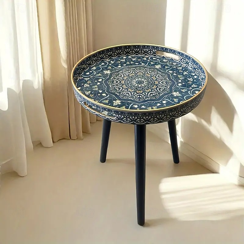 Zosenley Marble Round Outdoor Side Table with Detachable Wooden 3-legged Multi-functional Outdoor Tray Table Suitable for Outdoor Round Coffee Table Tea Table and Relaxing Time. 17.7 Inches Hallow3