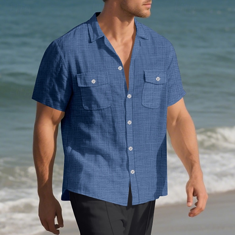 Men's Shirt Summer Shirt Casual Shirt Beach Shirt Button Up Shirt Black White Navy Blue Apricot Gray Short Sleeve Plain Lapel Vacation Hawaiian Pocket Clothing Apparel Polyester Fashion Casual2