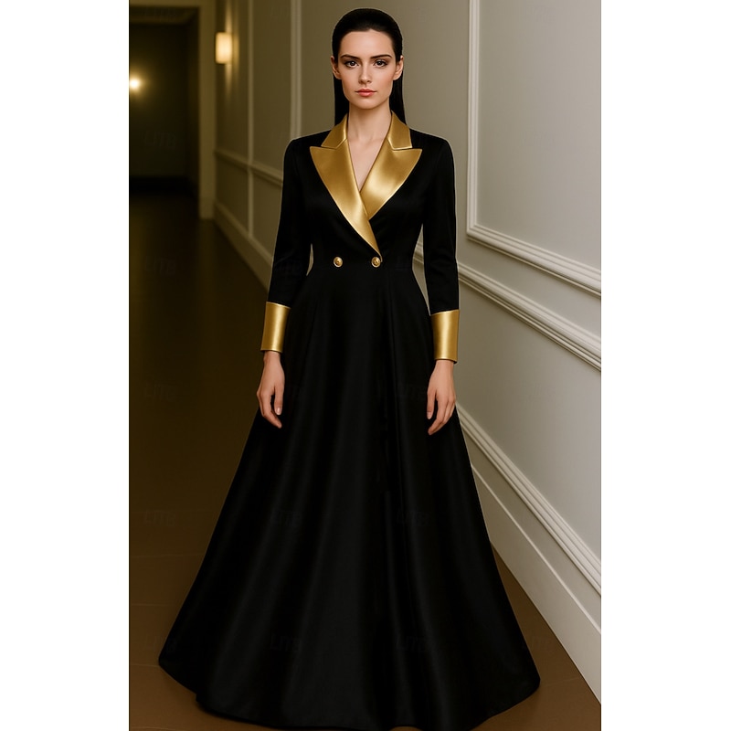 Tuxedo Dress A-Line Formal Wedding Wedding Guest Satin Elegant Color Block Long Sleeve Floor Length Peak Lapel Double Breasted