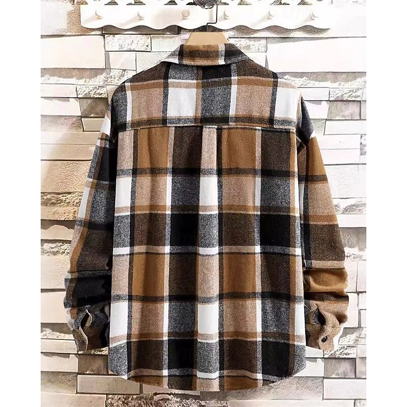 Men's Shacket Shirt Jacket Winter Jacket Plaid Vacation Daily Wear Coffee Long Sleeve Lapel Fall Winter Clothing Apparel Pocket2