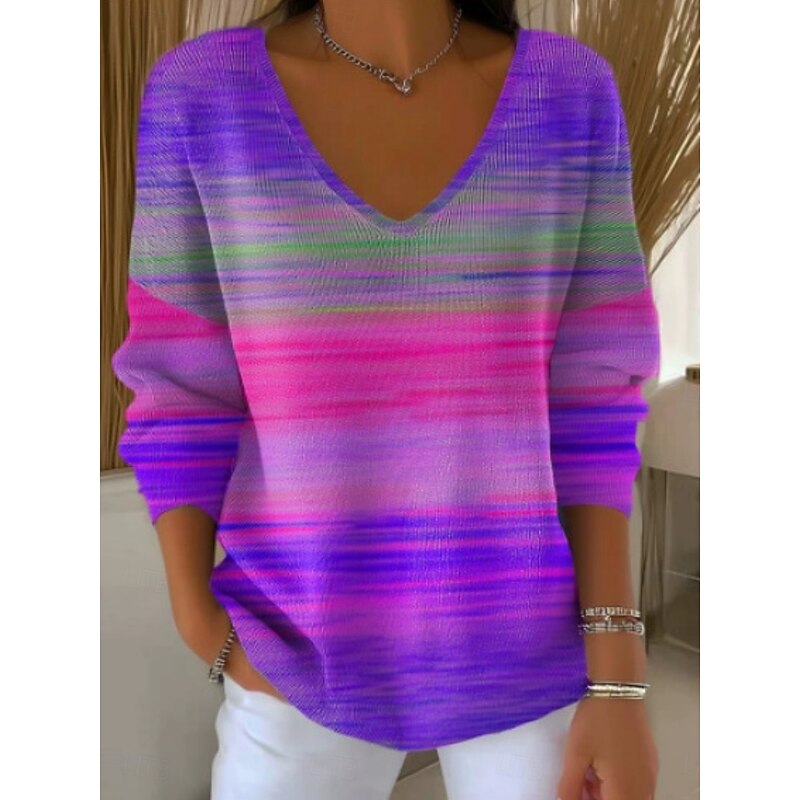 Women's Sweater Casual Soft Floral Striped Ribbed V Neck Knitted Long Sleeve Regular Tops Knit Outdoor Daily Weekend Purple Orange Spring Fall3