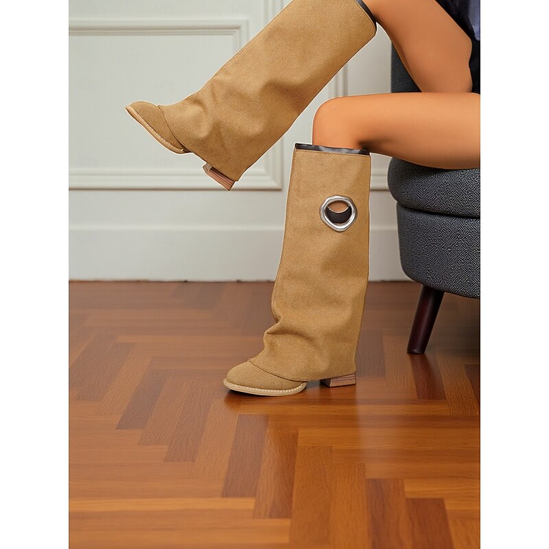 Women's Suede Fold-Over Shaft Boots with Metal Ring Detail - Fashion Knee High Flip Bucket Design, Trendy Urban Style Footwear for Women's Casual Streetwear and Modern City Outfits2