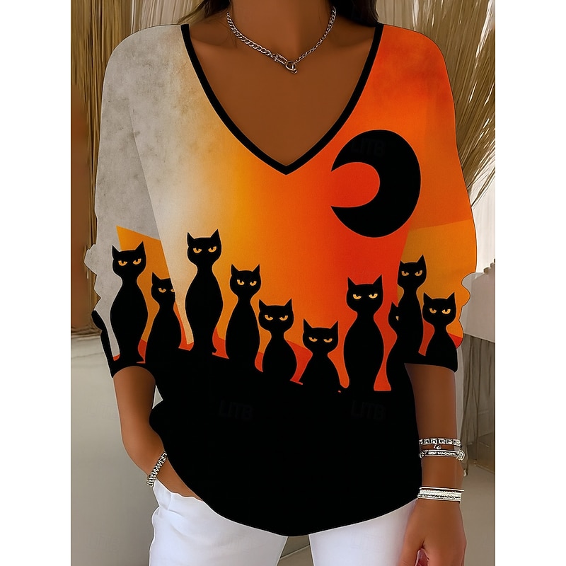 Halloween Women's Blouse Cat Vintage Stylish Classic Long Sleeve V Neck Regular Tops Daily Weekend Print Orange Fall Winter