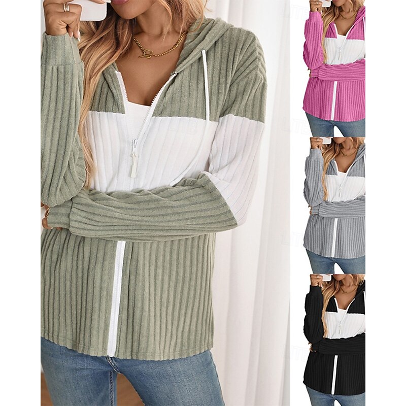 Women's Hoodie Jacket Comfortable Patchwork Zipper Casual Color Block Going out Weekend Zipper Regular Hooded Regular Fit Long Sleeve Outerwear Black Light Green Rose Red Fall Winter