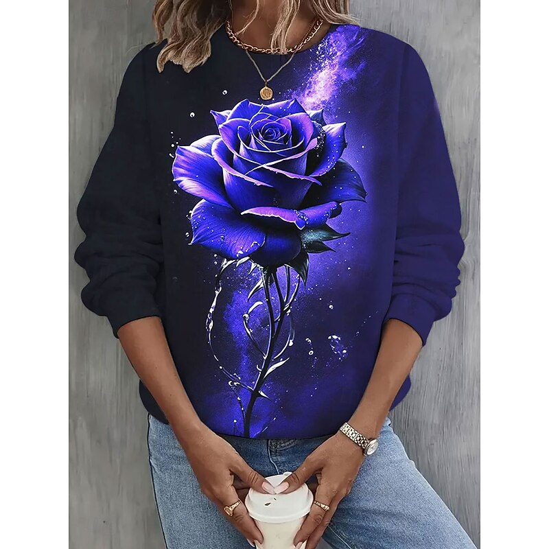 Women's Pullover Graphic Rose Casual Long Sleeve Crew Neck Round Neck Regular Tops Street Casual Holiday Print Blue Purple Spring Fall Winter2