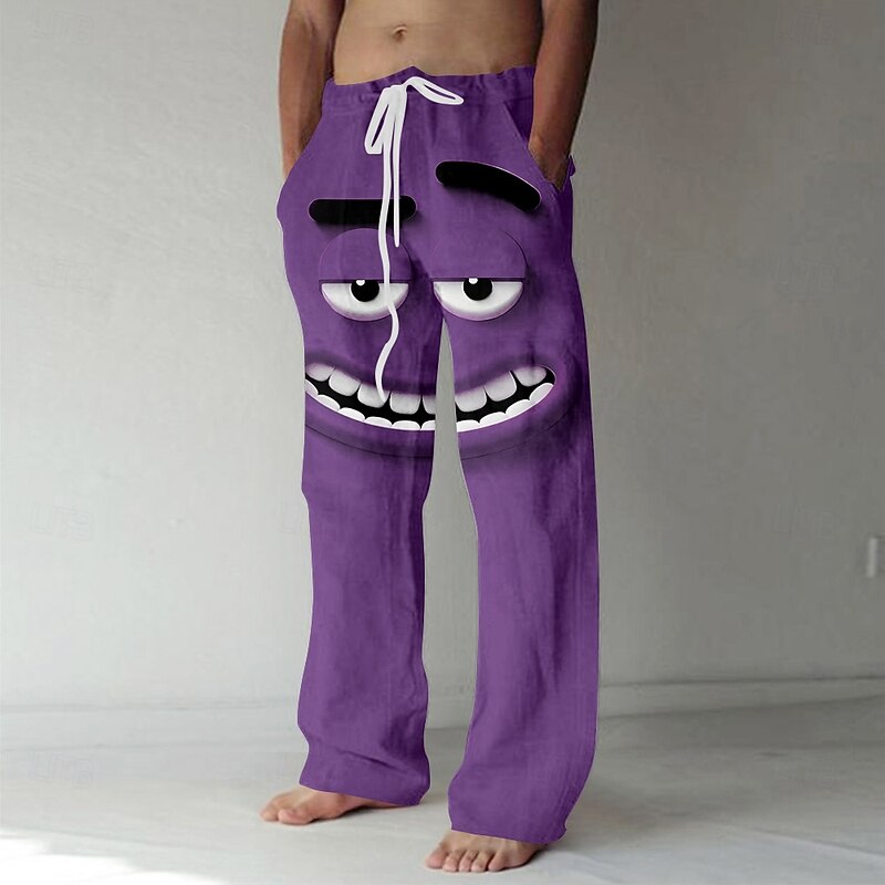 Men's 3D Cartoon Smile Face Trousers Baggy Pants Casual Pants Mid Waist Funny Outdoor Vacation Elastic Drawstring Waist Linen-Like Pants with Pockets Summer Spring Fall 3D Print Blue Purple Orange