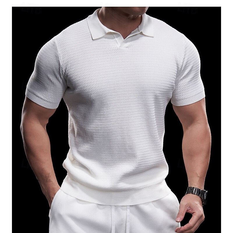 Men's Knit Polo Sweater Golf Shirt Business Casual V Neck Classic Short Sleeve Fashion Textured Novelty Summer Spring Fall Dark Brown Army Green Black White Beige Knit Polo Sweater3