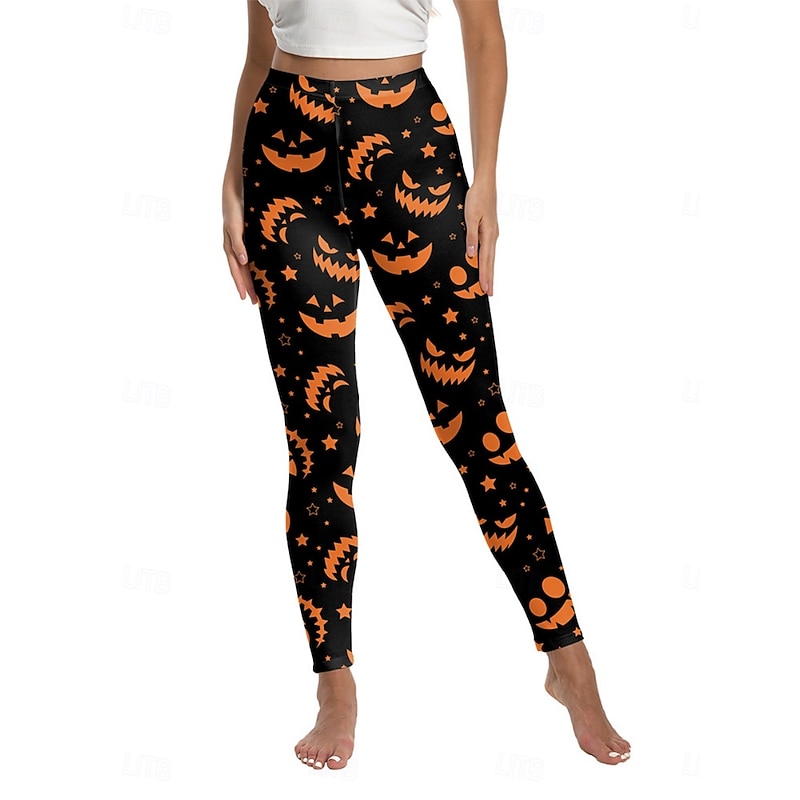 Women's Leggings Punk Streetwear Full Length High WaistPantsHalloween Pumpkin Print Breathability Soft Comfortable High Elasticity Vacation Party Black White Yellow Orange Fall Winter Regular Fit3