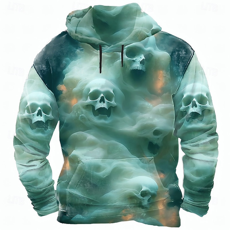 Halloween Men's Skull 3D Hoodie Sweatshirt Punk Exaggerated Long Sleeve Crew Neck Club Streetwear Light Green Blue Drawstring Fall Winter Designer - Main Image
