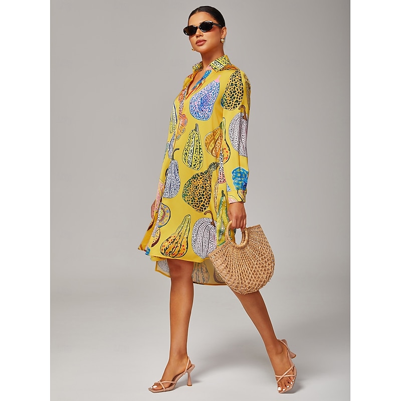 Women's Shirt Dress Casual V Neck Asymmetrical Hem Split Design Pumpkin Print Yellow