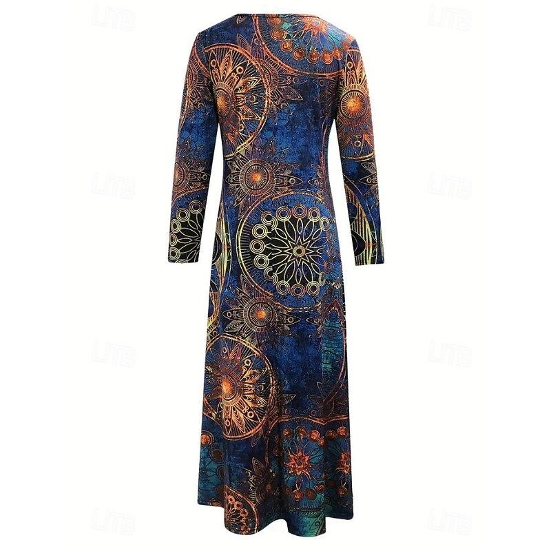 Women's Maxi Dress A Line Dress Summer Dress Vacation Casual Boho Daily Regular Fit Graphic Geometric Long Sleeve Crew Neck Black Light Brown Blue Sky Blue Summer Spring Fall Winter2